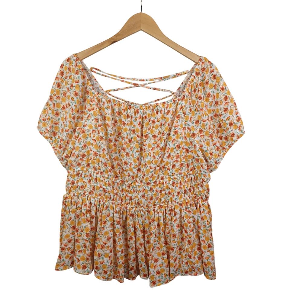 Torrid Women Floral Crinkle Gauze Cris Cross Back Top Size 2 Orange Cottagecore